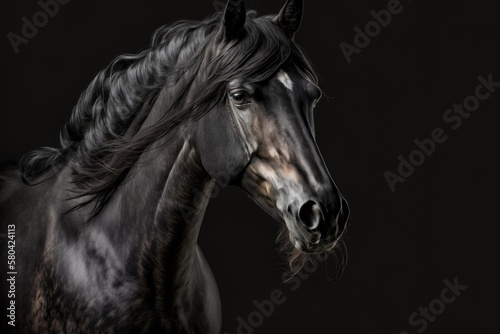Portrait of a black horse in a studio against a black background. Generative AI