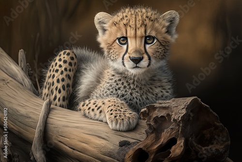 Portrait of a baby cheetah with big eyes sitting on a dead log in South Africa's Kruger Park. Generative AI