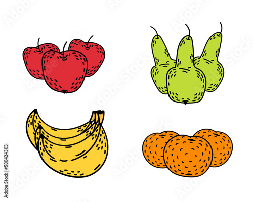 Set of fruits, bananas, apples, pears and oranges isolated on white.  Hand drawn cartoon fruits collection. Stock vector illustration.