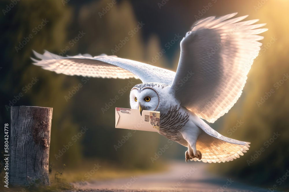 A magical white owl delivers a letter to a magical school. AI generation - obrazy, fototapety, plakaty 