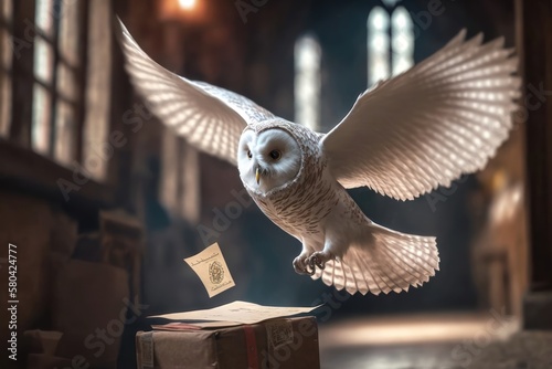 A magical white owl delivers a letter to a magical school. AI generation photo