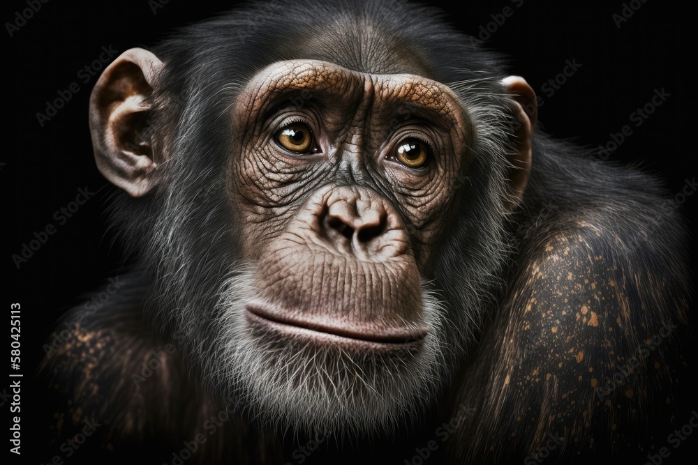Fototapeta premium Portrait of a curious chimpanzee that looks like it wants to ask a question, with details pasted on a black background. Generative AI