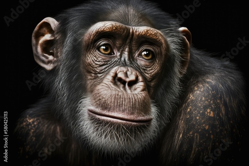 Portrait of a curious chimpanzee that looks like it wants to ask a question, with details pasted on a black background. Generative AI © AkuAku