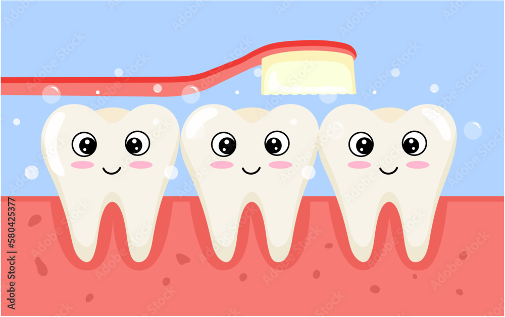 Obraz premium Cartoon style teeth in gums are brushed with a toothbrush. Oral Care Instructions. Children's trendy design. Medicine. Dentistry. Vector stock illustration.
