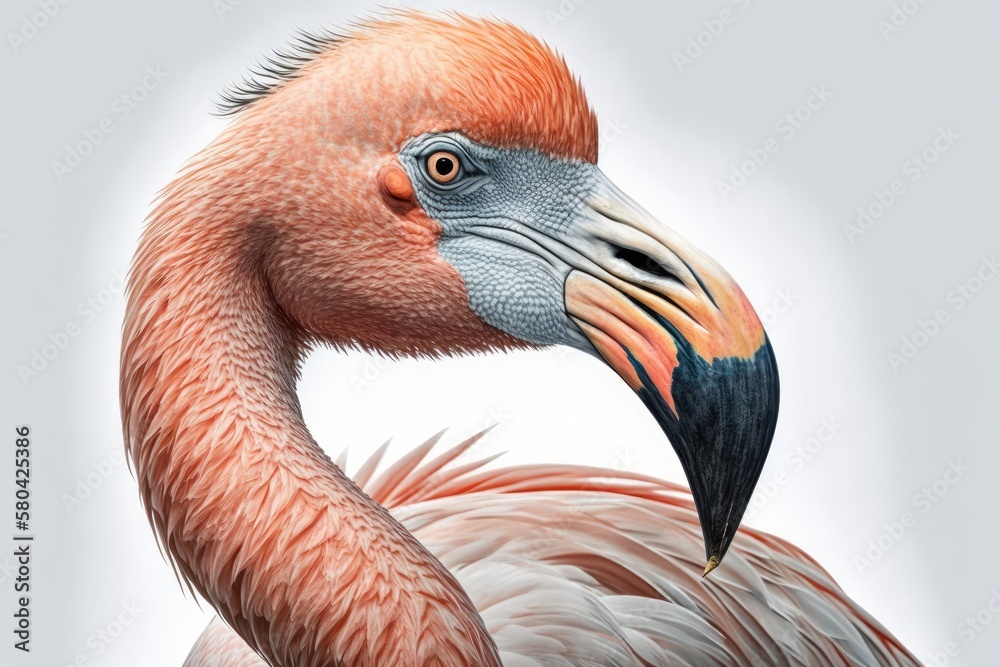 Fototapeta premium Portrait of a flamingo on a white background. Generative AI