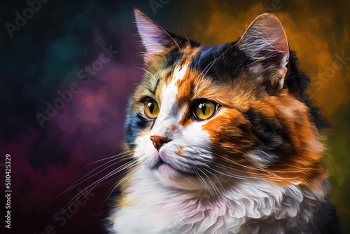 Portrait of a colorful calico cat with a studio colored background. Generative AI
