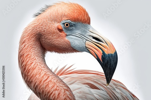 Portrait of a flamingo on a white background. Generative AI