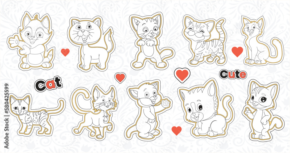 Set of cute valentine cat stickers collection printable animal sticker bundle with hand drawn cartoon character  style cat emotions vector design funny doddle pets illustrations for kids