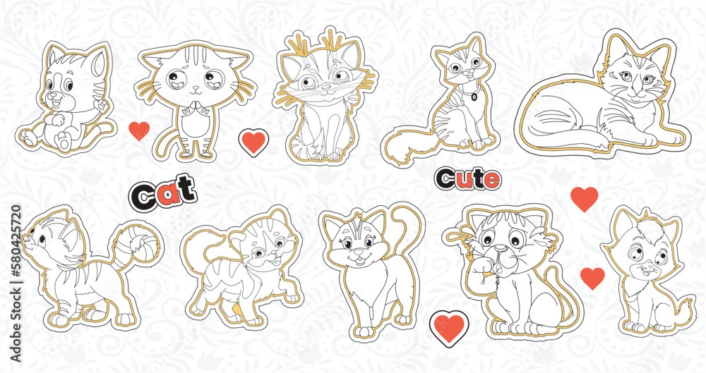 Set of cute valentine cat stickers collection printable animal sticker bundle with hand drawn cartoon character  style cat emotions vector design funny doddle pets illustrations for kids