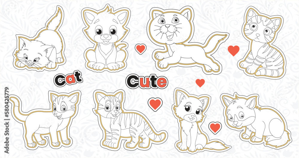Fototapeta premium Set of cute valentine cat stickers collection printable animal sticker bundle with hand drawn cartoon character style cat emotions vector design funny doddle pets illustrations for kids