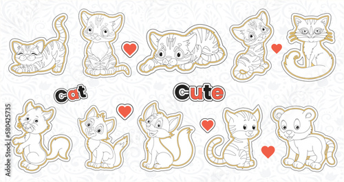Set of cute valentine cat stickers collection printable animal sticker bundle with hand drawn cartoon character style cat emotions vector design funny doddle pets illustrations for kids