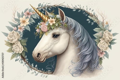 Portrait of a cute unicorn in a wreath. Generative AI