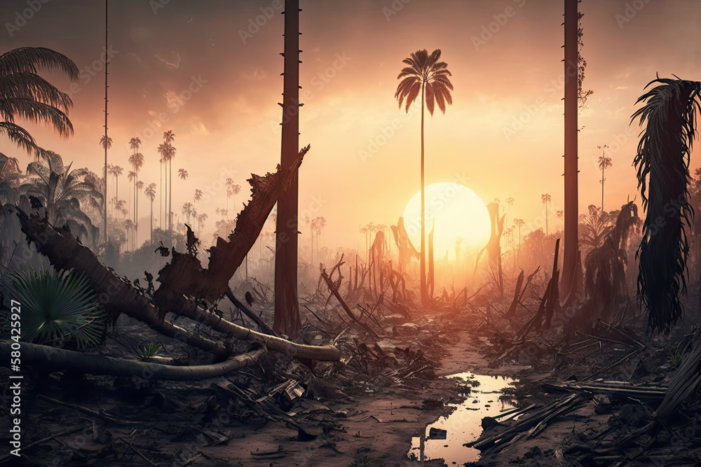 After the Sunset: Devastation of a Tropical Forest. Heavy Equipment. Generative AI