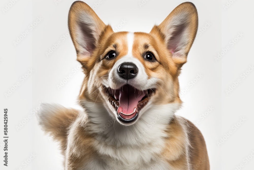 On a white background is a picture of a welsh corgi pembroke puppy being obedient and smiling with its tongue out. Generative AI