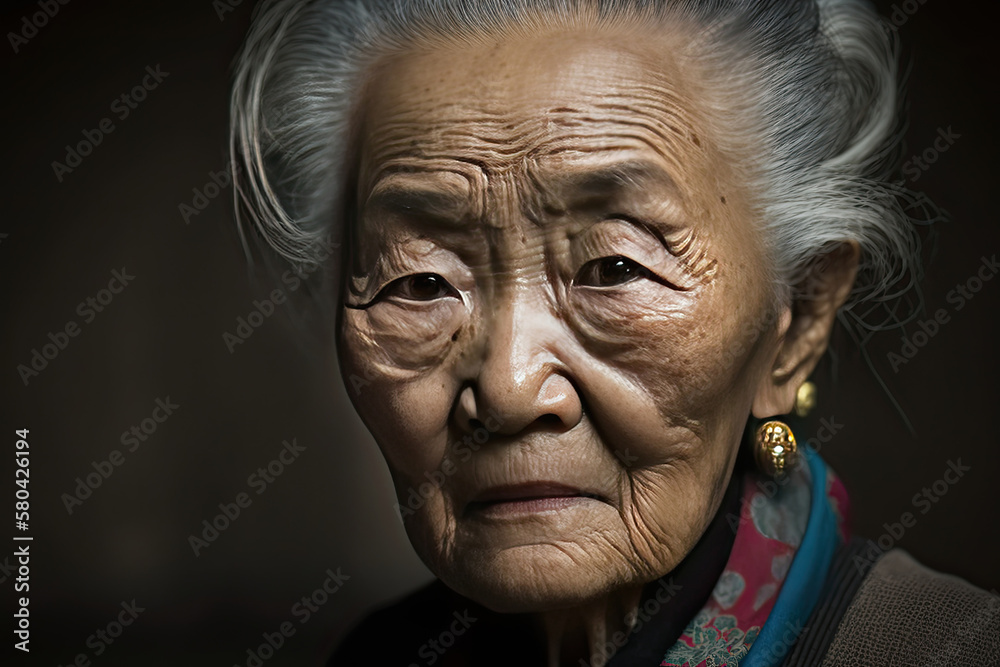 Classic portrait of an Asian elderly woman on dark background. Created with Generative AI