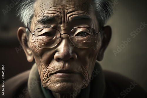 Classic portrait of an Asian elderly man on dark background. Created with Generative AI © Lazy_Bear