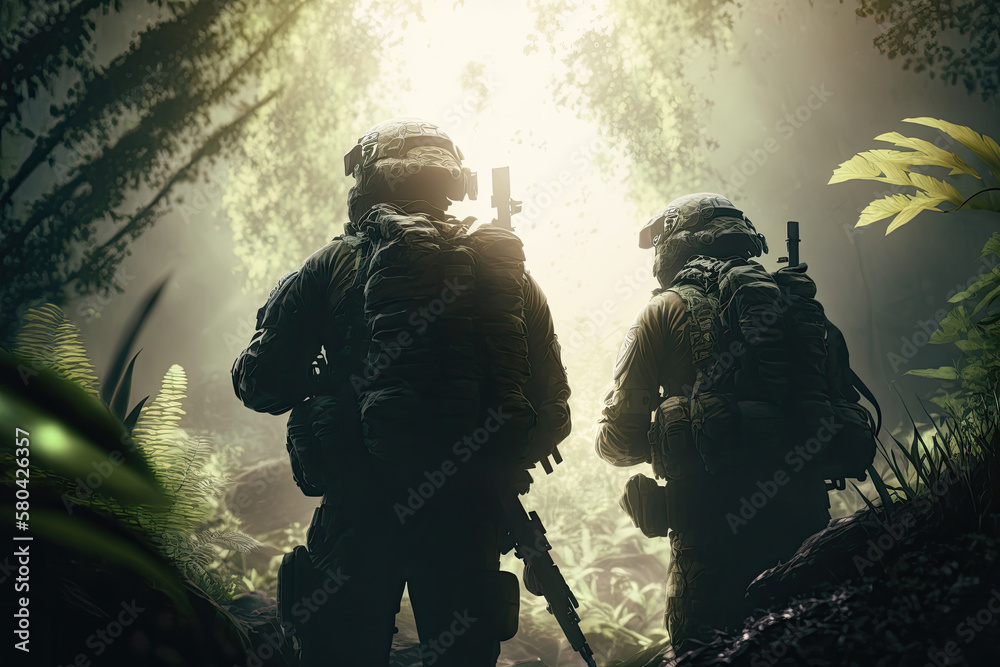Equipped soldiers in camouflage with weapons in jungle. Armed Forces on special military mission. Conflicts and wars in the world. Created with Generative AI