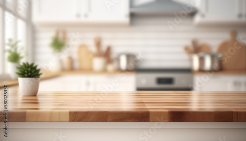 Wooden table with a defocused kitchen room. For montage product display. Copy space. Generative ai..