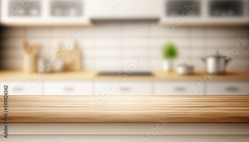 Wooden table with a defocused kitchen room. For montage product display. Copy space. Generative ai.. © Achira22
