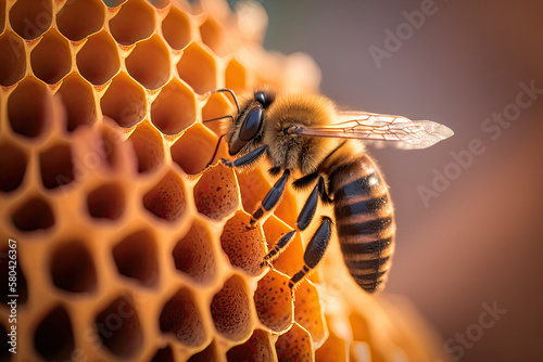 Macro shot of yellow bee on honeycomb. Created with Generative AI © Lazy_Bear