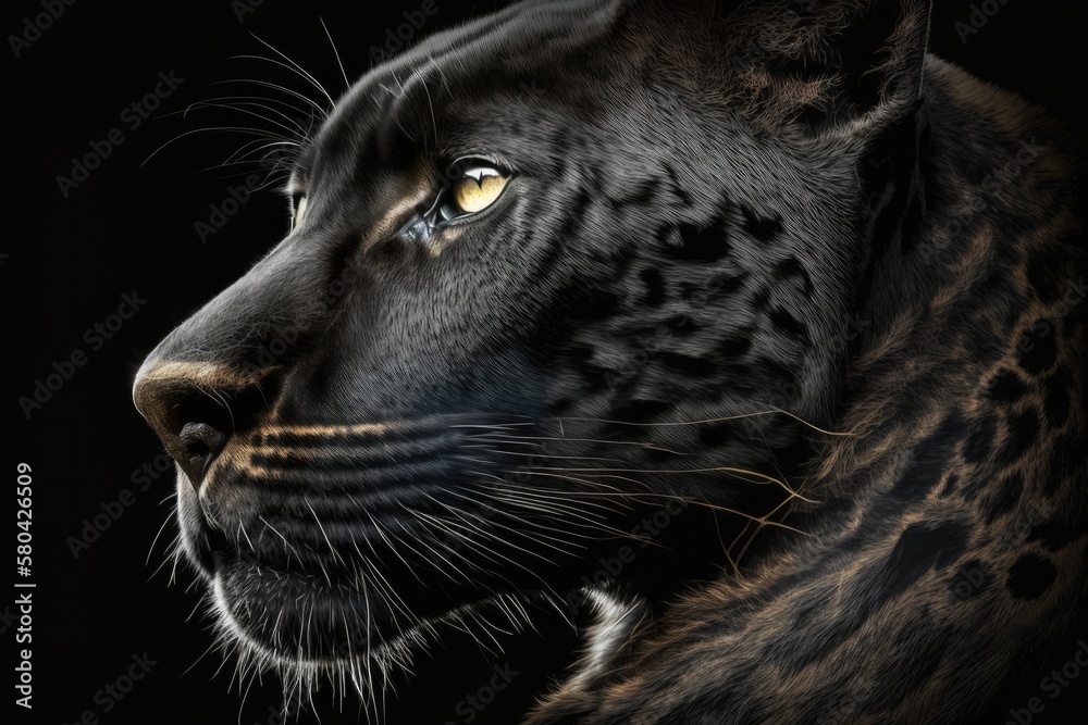 Panther's face in black on a black background. Generative AI
