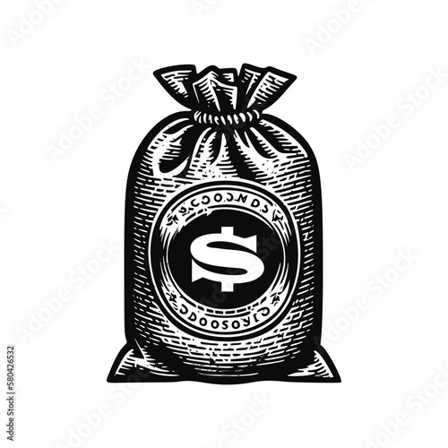 Money bag with dollar symbol. Hand drawn vintage engraving style woodcut vector illustration.