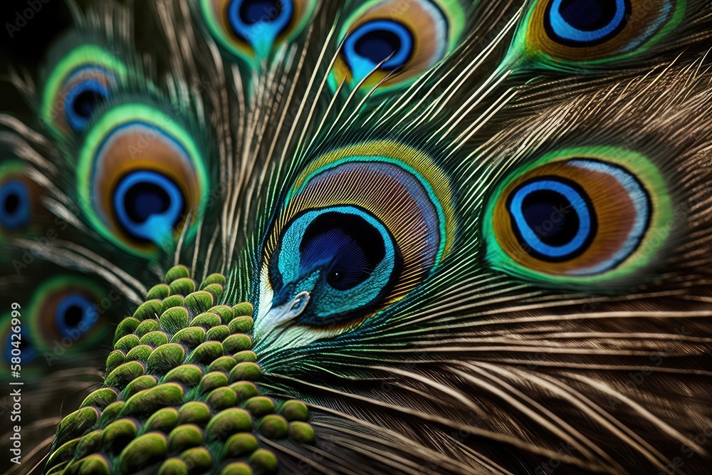 Fototapeta premium Peacock feathers up close (Indian peafowl). Generative AI