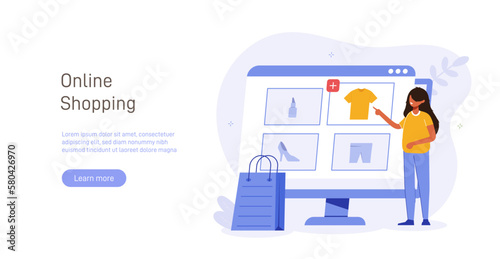Shopping illustration concept. Woman makes purchases through mobile version of application or website in online store. Shopping creative flat vector.