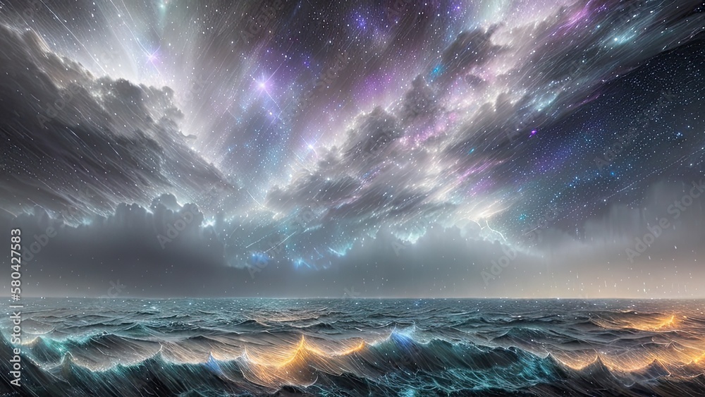 Starry Tempest, A night sky alive with swirling storms, A tempest of wind and rain, Amidst the chaos, stars twinkle bright, A dance of light and dark, A mesmerizing sight to behold.