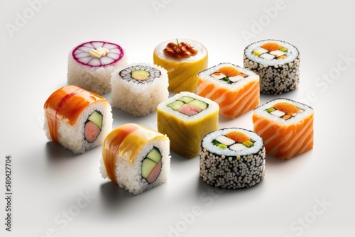 Creative layout made of sushi on white background. Food concept. AI generation