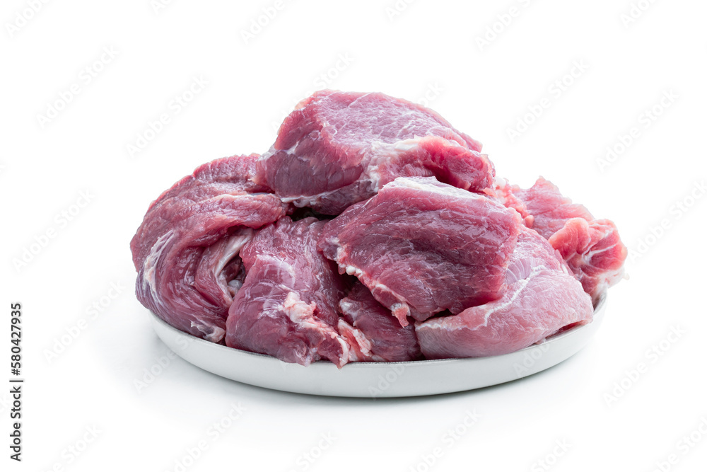 Raw pork meat slices isolated on white background Raw pork meat slices isolated on white background