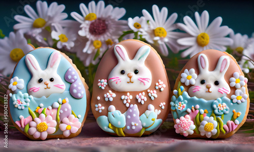 Baking Easter bunny cookies, easter eggs and flowers decorated with colorful icing on wooden table background, happy easter concept. Generative AI