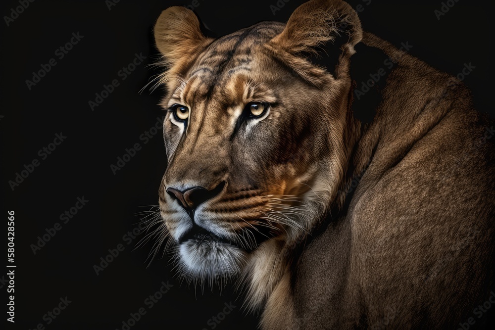 On a black background, there is a picture of a lioness. Very pretty lioness. Close up of a lioness in Africa (Panthera leo). Generative AI