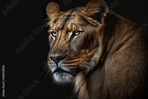 On a black background, there is a picture of a lioness. Very pretty lioness. Close up of a lioness in Africa (Panthera leo). Generative AI