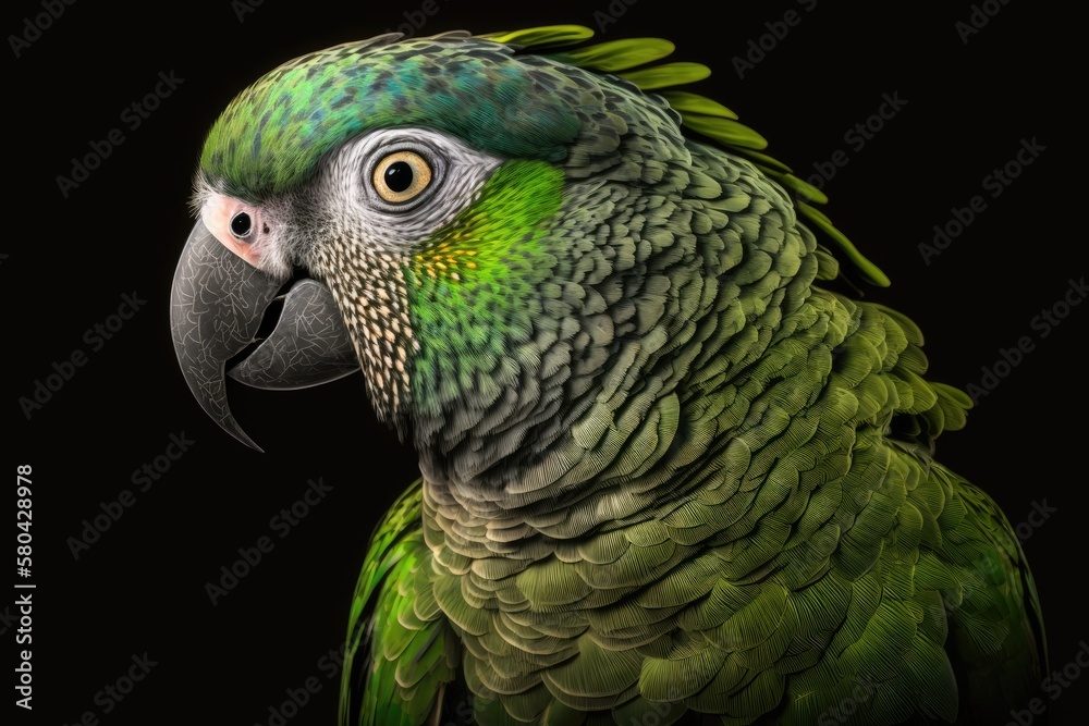 Fototapeta premium Mealy parrot portrait, Amazona farinosa. Large, bright green parrots that live in tropical lowlands with humid evergreen forests. Uncommon. Generative AI