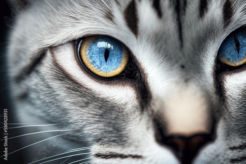 Macro means cat eye. Close up of a Scottish cat with straight ears. A picture of a gray haired cat with blue eyes that is looking around. Photo with a narrow depth of field. Focus on the eye selecti