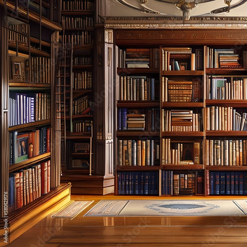 a spacious home library with ladders and plenty of books 1_SwinIRGenerative AI