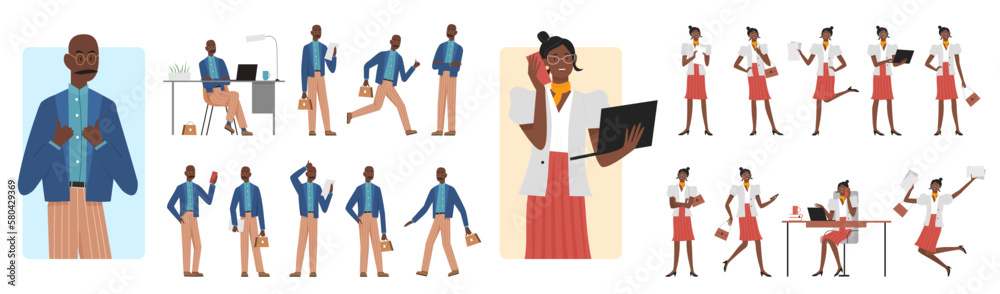 Fototapeta premium Cartoon isolated busy dark skin businessman businesswoman office outfit, corporate managers working and talking phone, running with briefcase and walking. Business people pose set vector illustration
