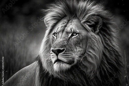 Lion  a head shot of an adult lion in black and white. Generative AI