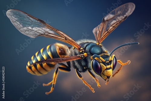 Wasp in flight, macro, diffuse background. Ai generated. © Joaquin Corbalan