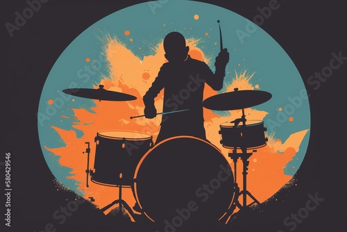 Young music man plays the drums energetically at a concert. ai generated photo