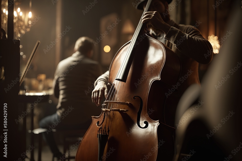 Detail of a musician playing a double bass, classical string instrument Ai generated.