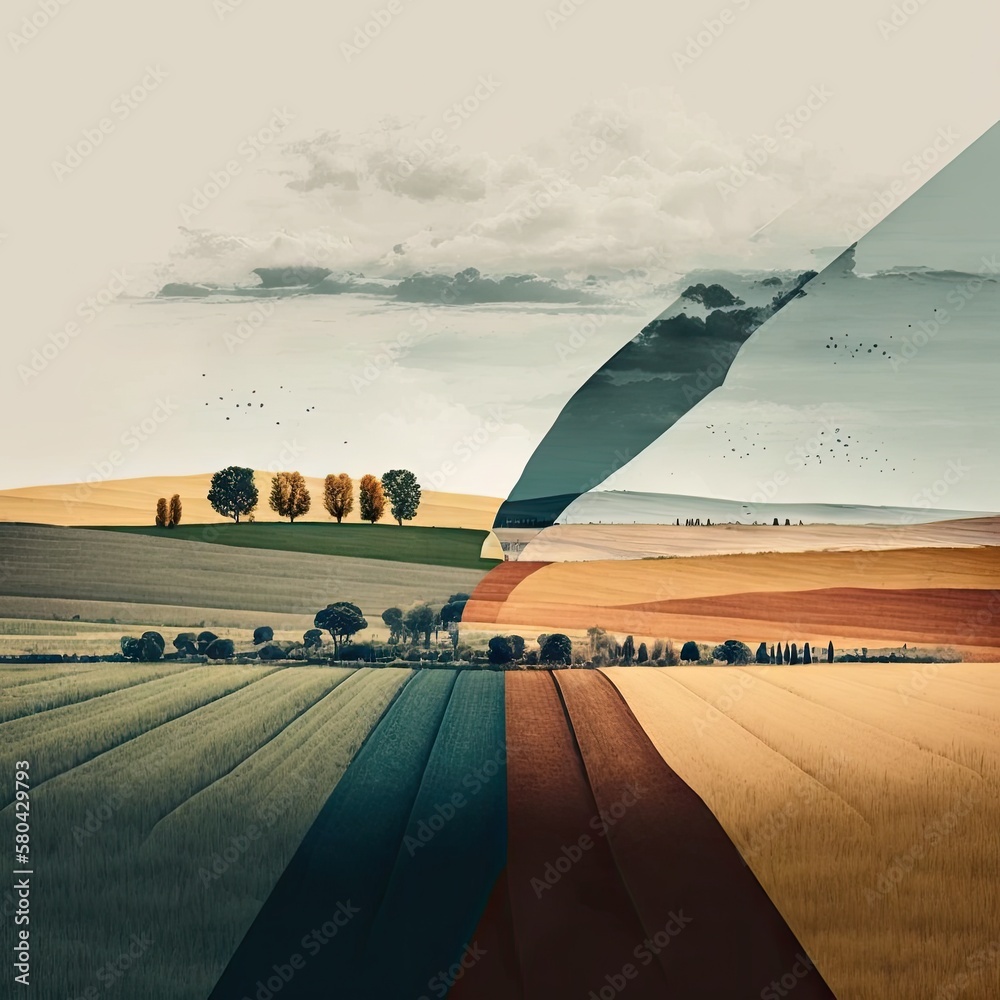 Fields of Serenity: A Muted Landscape Painting in Soft Hues of Nature, Inviting You to Embrace Tranquility and Calmness - obrazy, fototapety, plakaty 