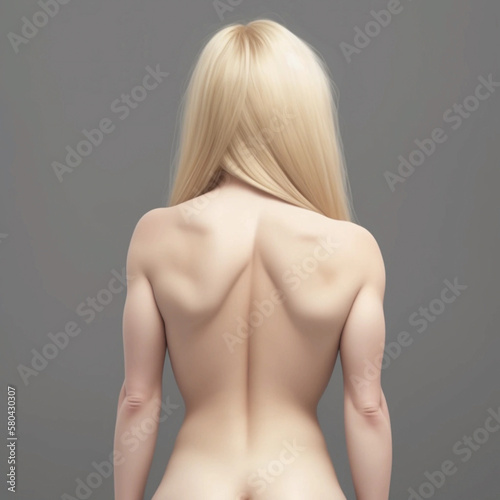 Naked back of beautiful blonde woman on grey background. Generative AI