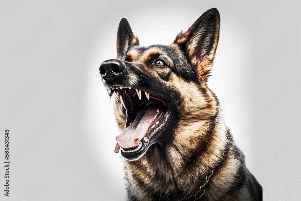 On a white background, there is a banner of a German shepherd with its mouth open, barking and attacking in an aggressive way. A dog that is mean shows its dangerous teeth. A white guard dog with shar