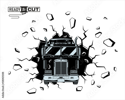  Classic american semi truck. Isolated vehicle with crashed wall, hole crash on white background. Front view. Ready for printing and cutting (Cricut, Silhouette, Cameo). 