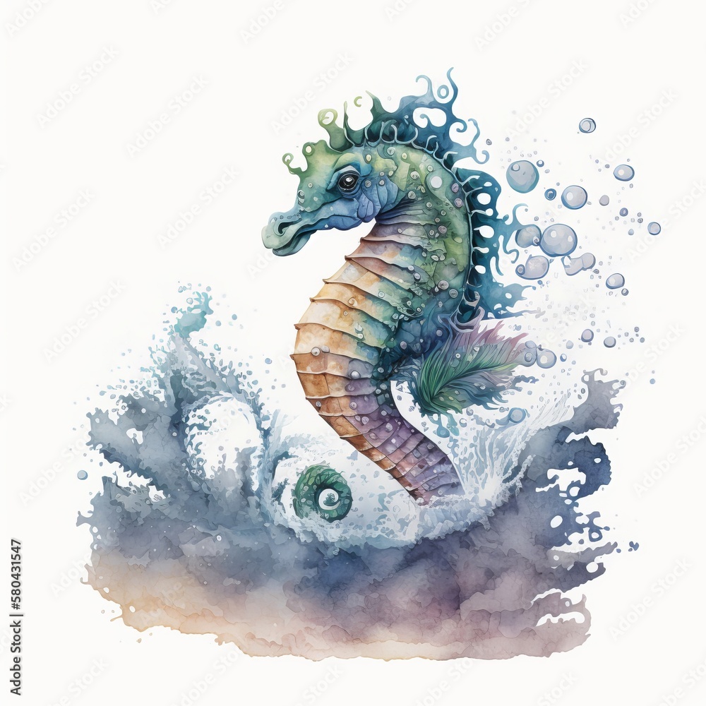Watercolor drawing of a seahorse jumping out of a foamy ocean made with Generative AI