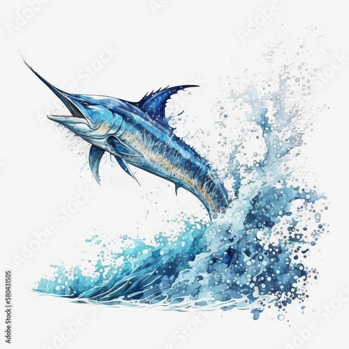 Fototapeta Watercolor drawing of a marlin jumping out of a foamy ocean made with Generative