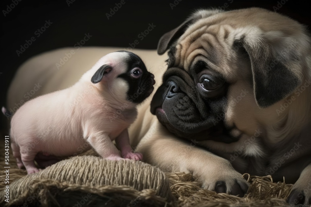 New born pug dog playing with mama pug dog. Generative AI
