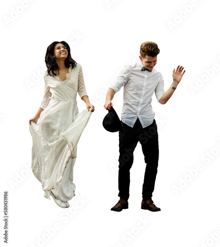 Merry happy young couple newlyweds have fun dancing on a isolated png background